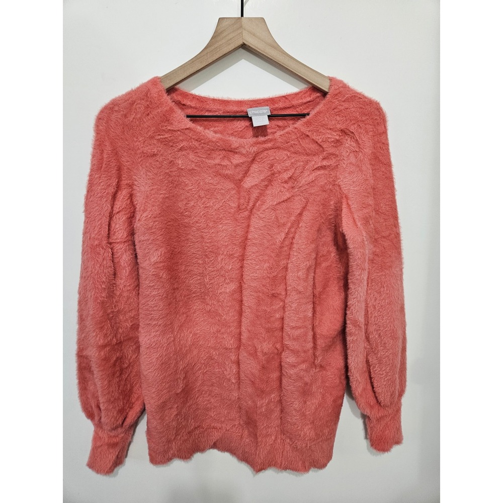 Chicos Coral Pink Fuzzy Eyelash Knit‎ Scoop Neck Sweater Size 00 XS